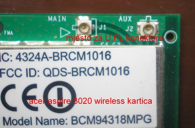 acer aspire wireless kartica (uvecano mjesto za U.FL konektore)